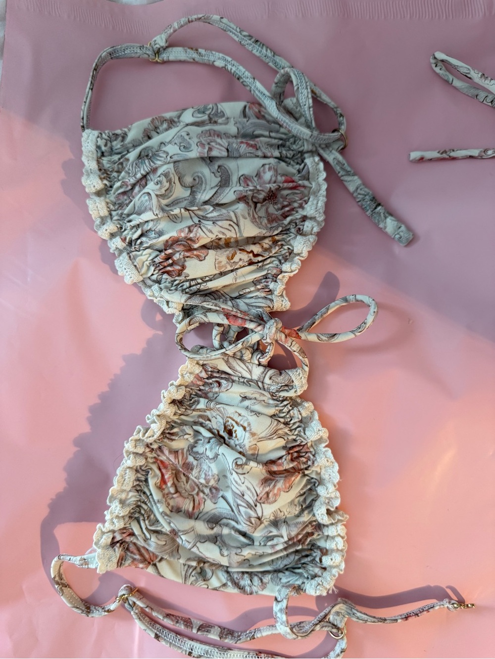 Montce Floral Cream and Pink Ruched Triangle Bikini Top